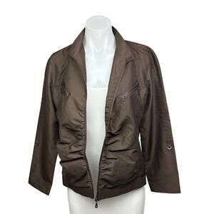 Black Vintage Brown Ruched Zip Up Pockets Collar Flight Utility Bomber Jacket M